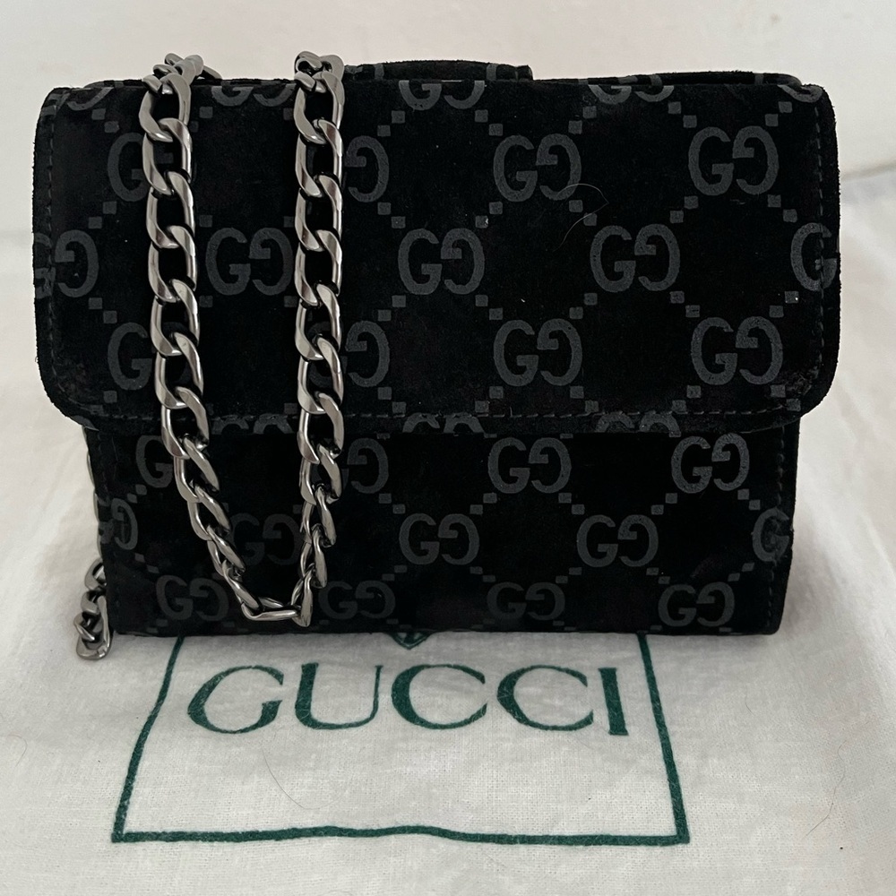 Vintage Gucci Black Suede Bifold Wallet unbranded insert chain 1980-90’s